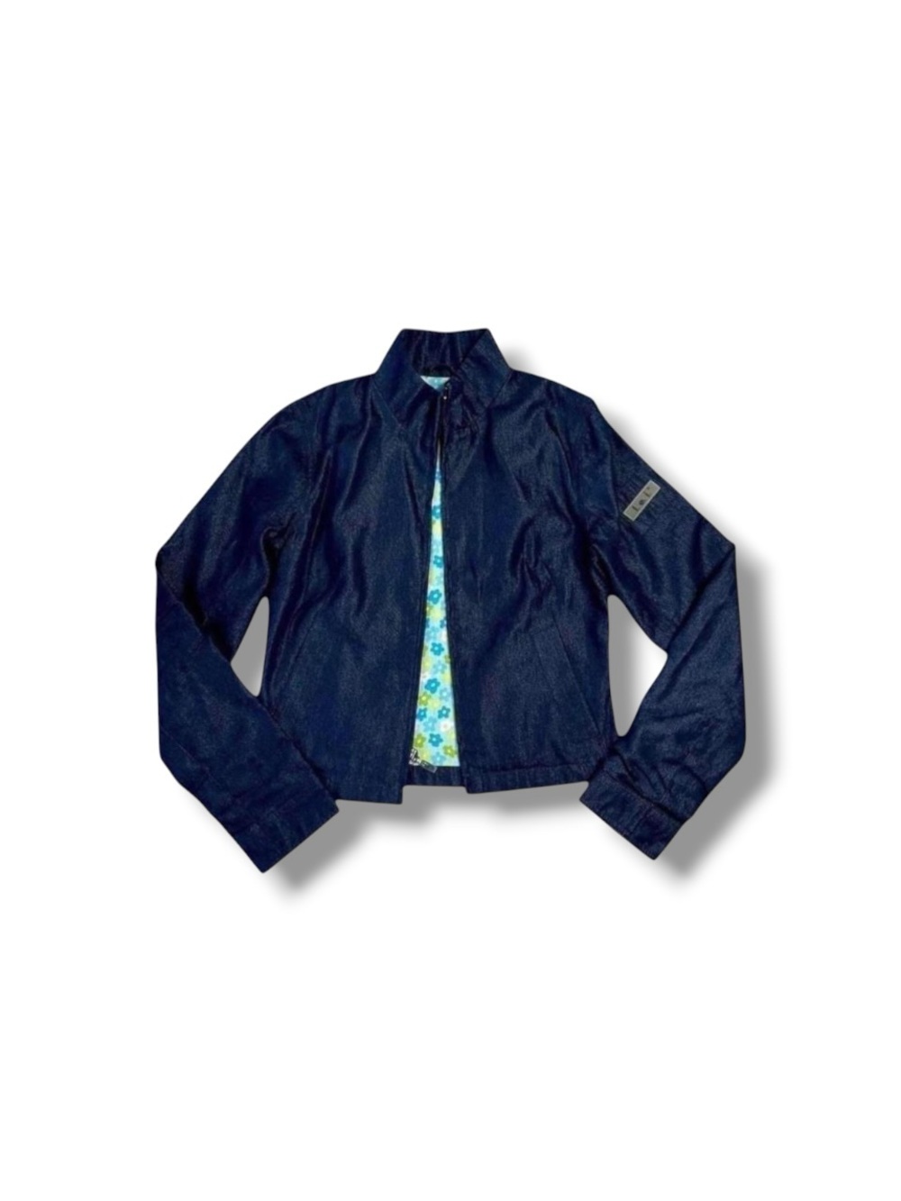 Lei 2000s Y2K Dark Denim Cropped Sparkly Moto Bomber Jacket Xs